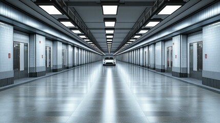 Abstract futuristic architecture with sleek lines and an expansive empty concrete floor, perfect for showcasing a car. High-detail 3D render for presentation purposes.