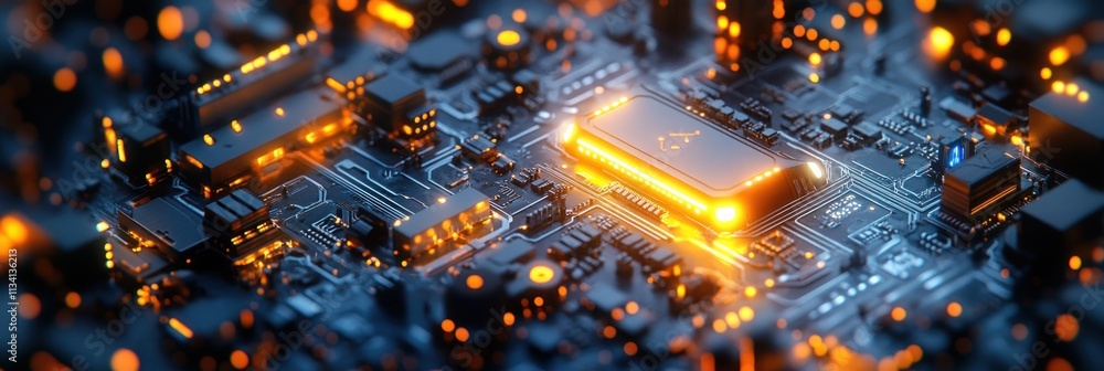 Poster glowing processor on circuit board.