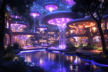 Fototapeta premium Futuristic Night Garden with Illuminated Structures