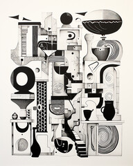 Pencil and ink drawing of shapes and objects, minimalist pop art style, graffiti style markings, bold black and white, flat shapes, toy proportions, pensive stillness, quantum punk