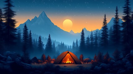 Nighttime Camping Scene Mountain Forest Campfire Tent