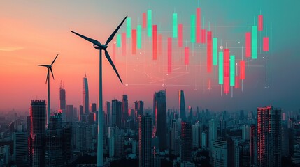 A city skyline features wind turbines and digital stock market graphs, symbolizing the intersection of renewable energy and financial growth.