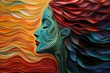 abstract art piece featuring the side view of a woman's head, sculpted entirely from the bending curves of vibrant peacock feathers