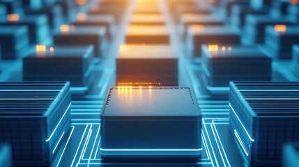 Futuristic Close-Up of Circuit Boards with Complex Microchips Illuminated by Soft Glowing Lights in a High-Tech Digital Environment