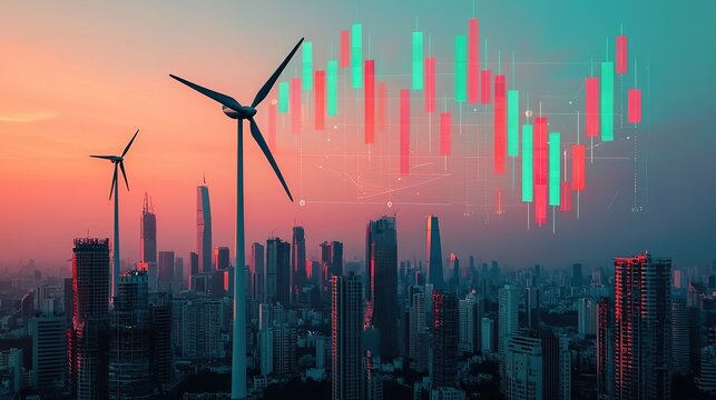 A city skyline features wind turbines and digital stock market graphs, symbolizing the intersection of renewable energy and financial growth.