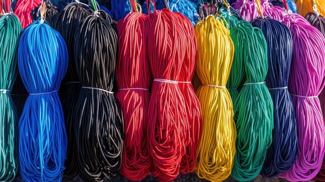 Colorful spools of string or rope in various vibrant hues, displayed for sale.