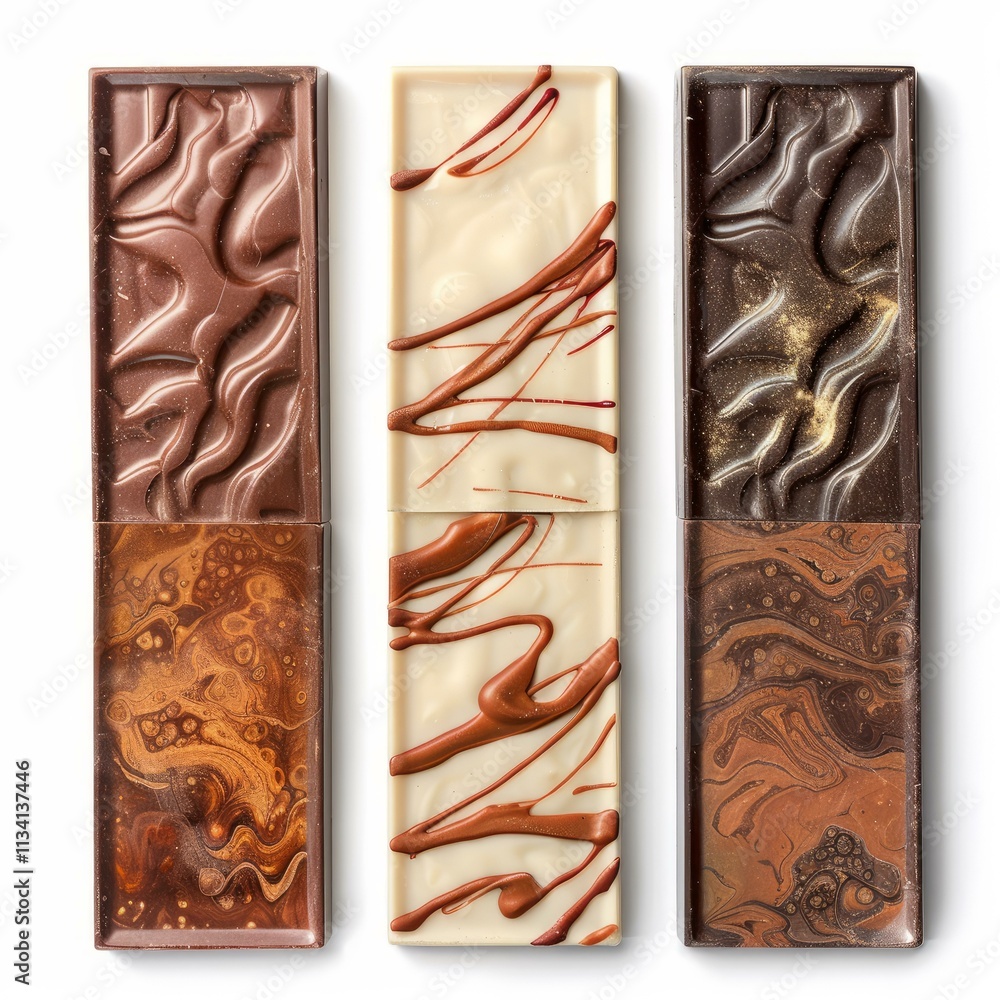 Poster gourmet chocolate bars with artistic designs and marbled patterns, creating a visually appealing arr