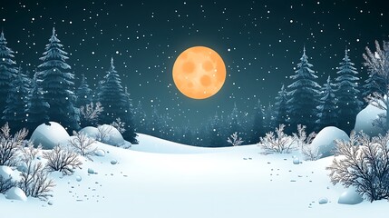 Naklejka premium Winter Night Scene with Snow Falling and Full Moon