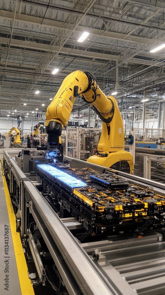 Poster advanced industrial robotics in manufacturing facility with automated machinery and high-tech equipm