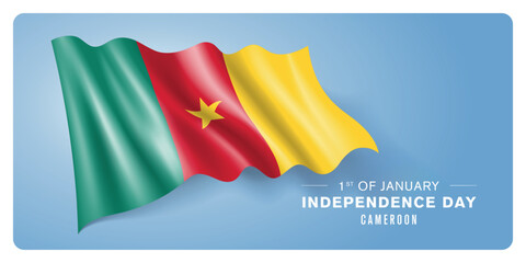 Cameroon independence day vector banner, greeting card. Cameroonian wavy flag in 1st of January patriotic holiday horizontal design with realistic flag