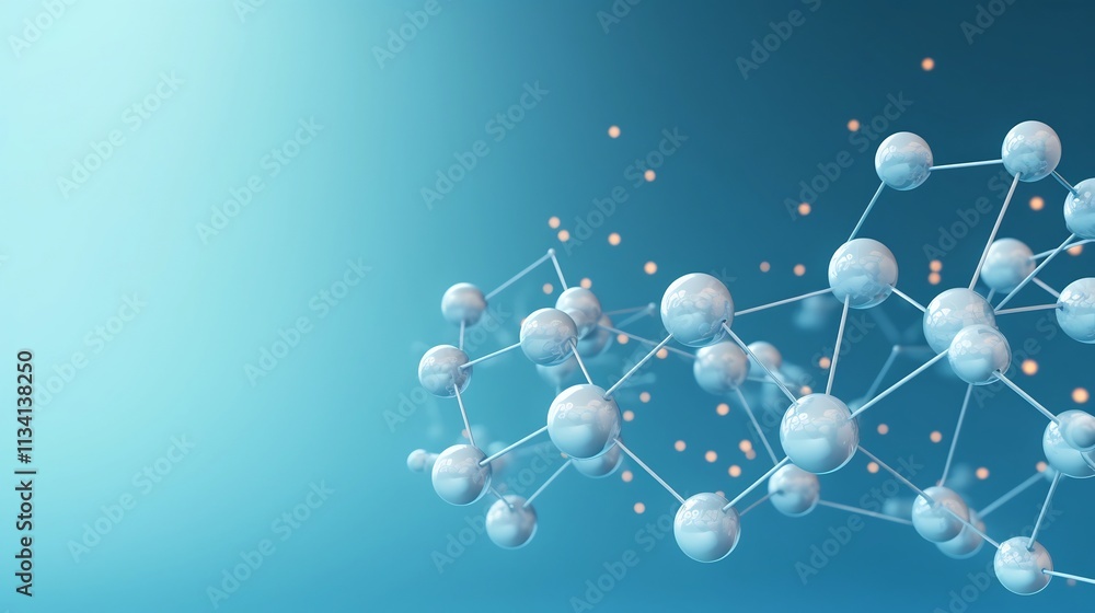 Poster floating molecular diagrams and chemical structures on a soft minimal blue background conceptual dig