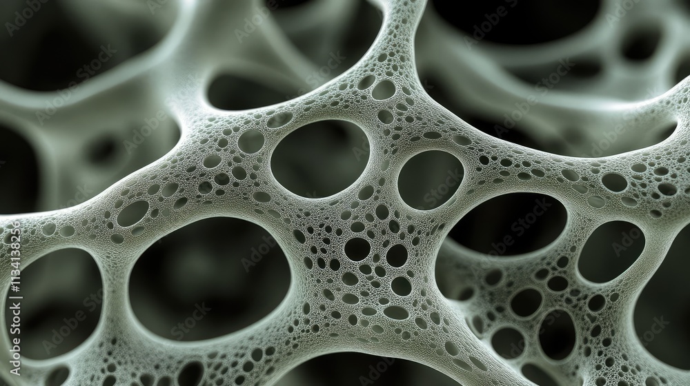 Poster a close-up of a synthetic structure under a microscope, with a focus on the fine textures and bonded