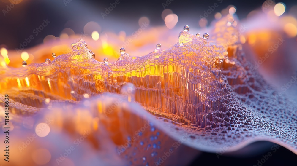 Poster a close-up of a synthetic structure under a microscope, with a focus on the fine textures and bonded