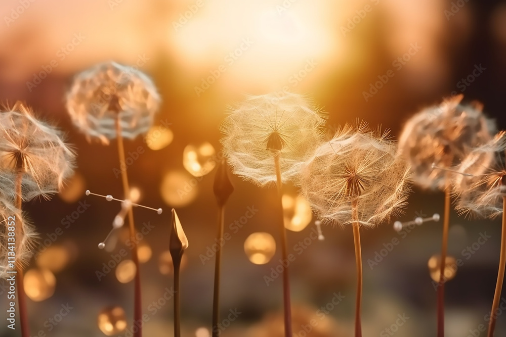Poster white dandelion flowers on a shimmering background with golden sparkles featuring a blurred effect d