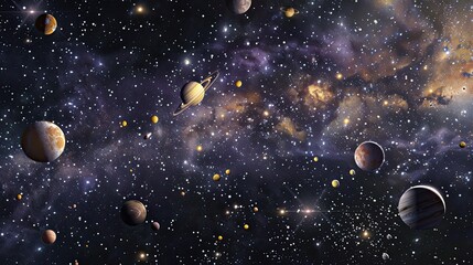 Stunning visualization of deep space showcasing colorful nebulae, stars, and distant planets in a cosmic landscape, perfect for astronomy themes