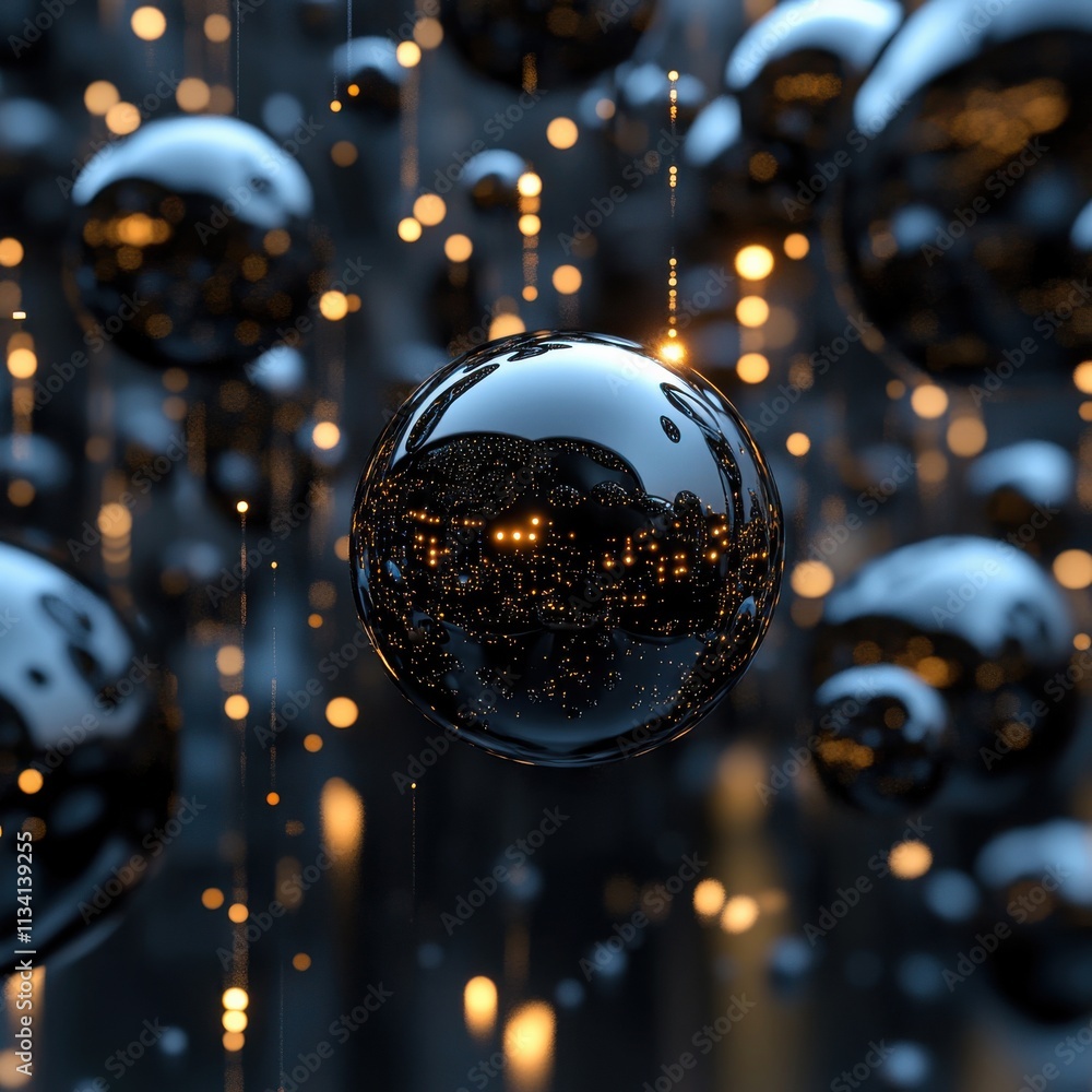 Poster abstract black spheres suspended in dark space reflecting warm glowing lights, creating a mesmerizin