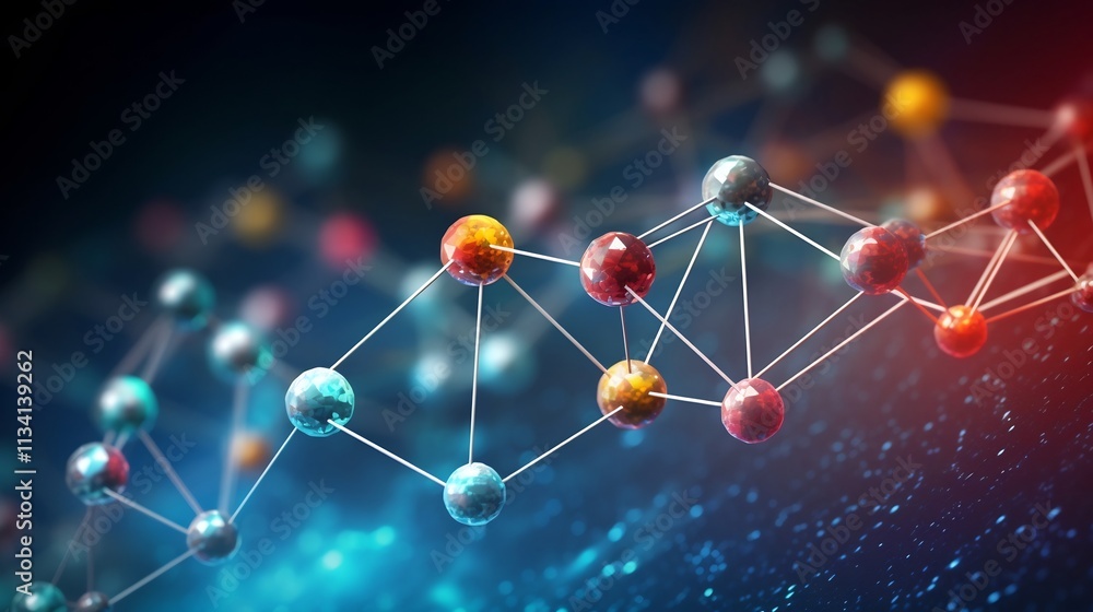 Poster molecular clusters forming intricate geometric patterns against a dark digital backdrop showcasing t