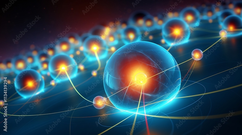 Poster digitally rendered image showcasing interconnected atomic spheres or molecules with glowing energy l