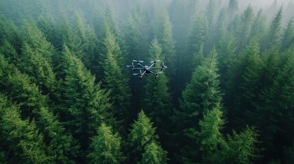 Fototapeta premium Drone flies above foggy, green coniferous forest.