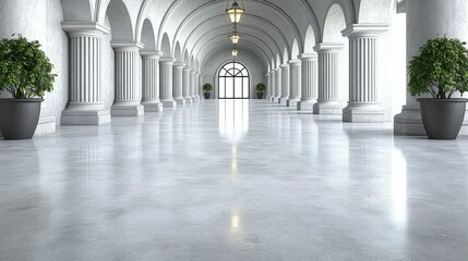 Minimalist office interior with a white color palette concrete flooring large potted plants and modern ergonomic furniture for a fresh and functional design