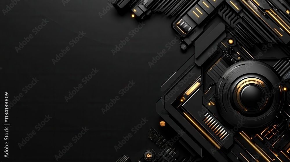 Poster abstract dark technology background with geometric shapes and glowing yellow lines for creative and 