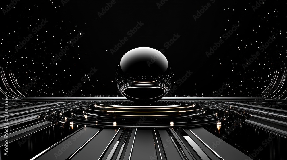Poster abstract futuristic scene featuring a reflective black sphere surrounded by luminous lines and parti