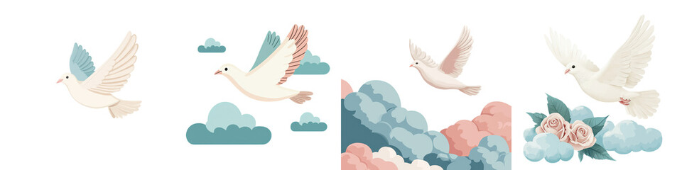 Obraz premium Dreamy of Graceful Birds in Flight Among Soft Pastel Clouds and Sky Ethereal and Peaceful Minimalist Nature Scene