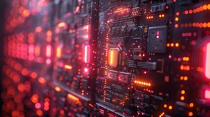 Obraz premium Futuristic circuit board illuminated by neon lights featuring intricate details of electronic components, ideal for technology and innovation concepts