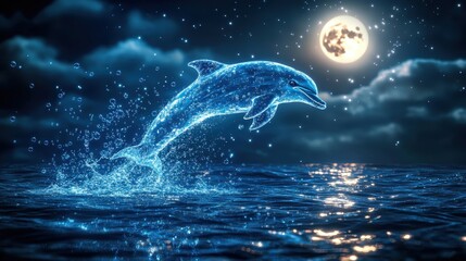 Enchanting Nighttime Dolphin Leaping Under Moonlit Sky with Glowing Water Reflections