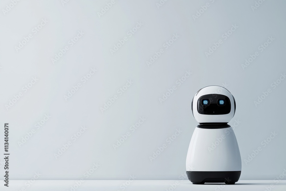 Poster cute humanoid robot standing on a clean minimalistic background, showcasing advanced technology and 