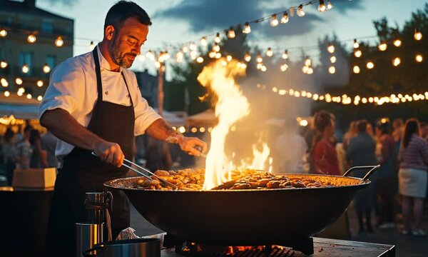 A chef grilling food over an open flame at a lively outdoor event.