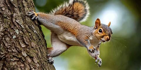 Obraz premium This image shows a close-up of a squirrel climbing a tree.