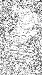 Moonlit Roses and River Landscape - Line Art Design