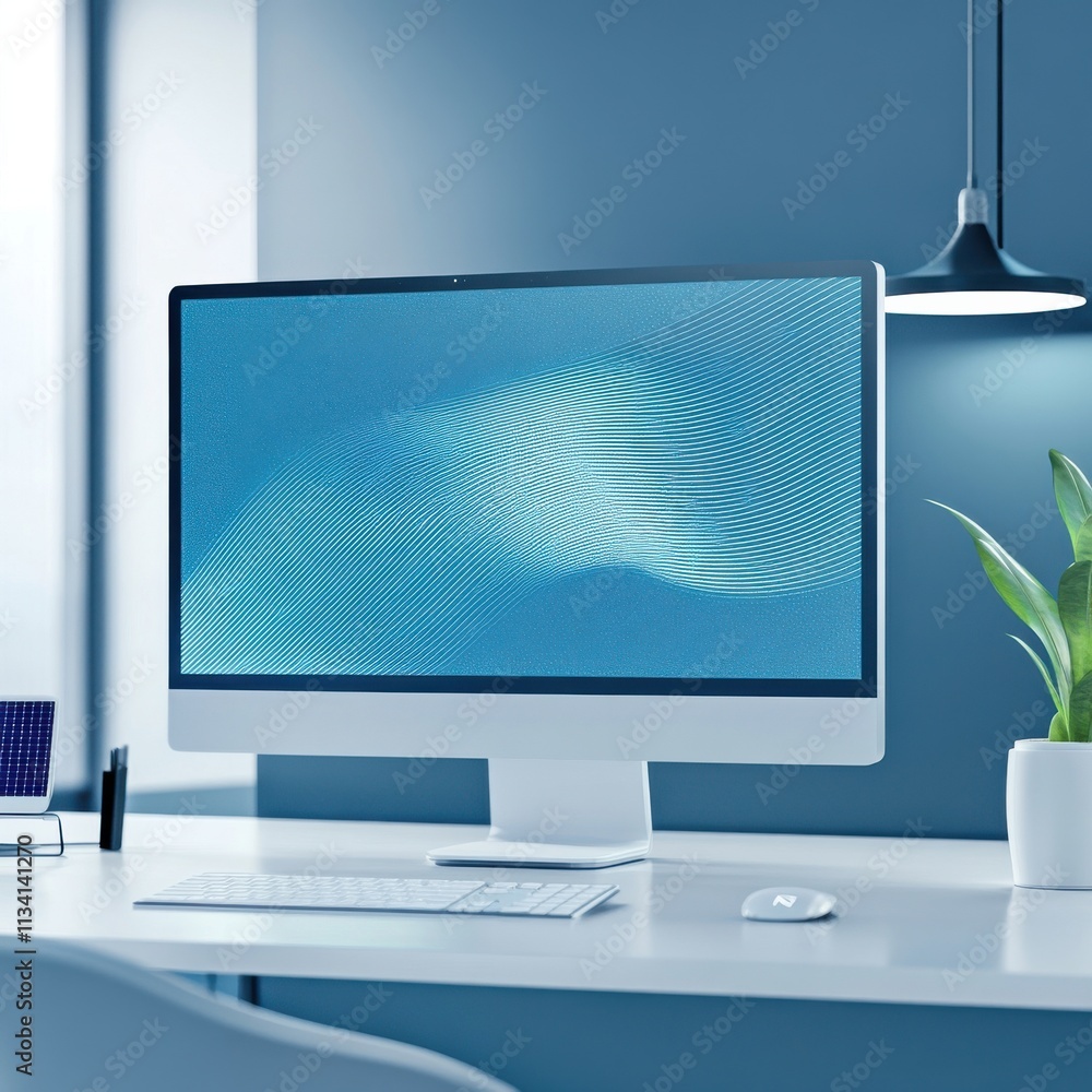 Poster bright and modern home office setup featuring a sleek computer monitor and minimalist design element