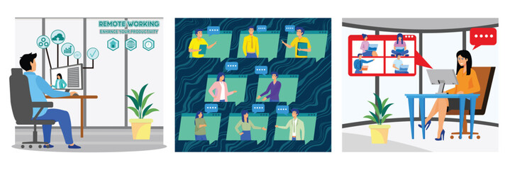 Fototapeta premium Video Call and Productivity Tools. Business communication via internet. Happy young Businesswoman talking to colleagues. Set flat vector modern illustration