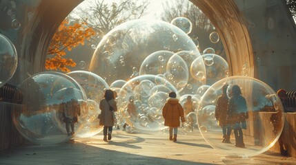 bubbles inside a concrete space with some people around