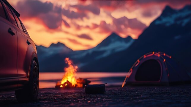 A modern SUV parked near a campsite at a picturesque mountain lake at sunset - Powered by Adobe