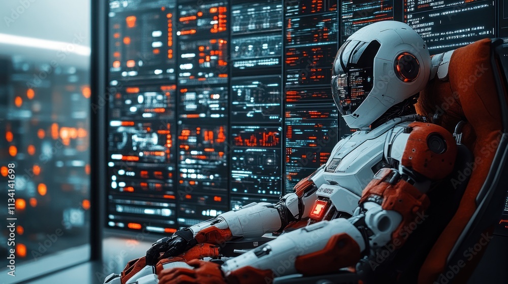 Poster a futuristic robot seated in front of a high-tech control panel filled with data displays.