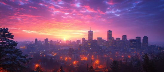 Obraz premium Cityscape sunrise with colorful clouds and fog.