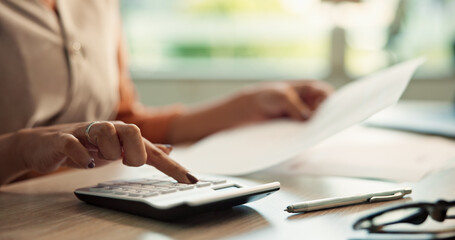 Person, documents and hands calculator for finance payments, mortgage invoice and bank debt. Bills, paperwork and calculate transaction with budget balance, expense management and accounting at house