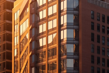 Modern glass building reflecting the setting sun. Close-up of a modern architectural facade with abstract reflections and warm tones in the late afternoon light
