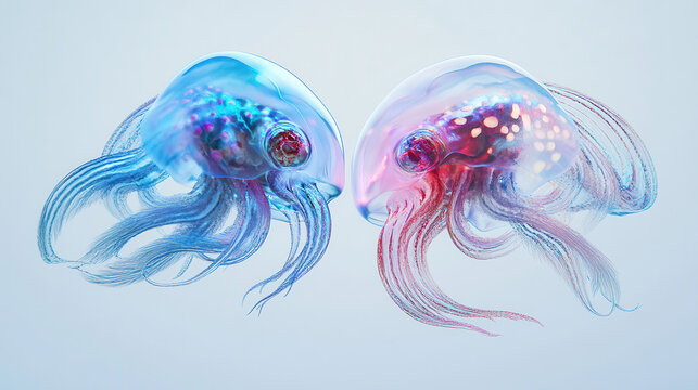 a pair of serene, futuristic marine animals resembling jellyfish and goldfish hybrids, in icy blue and electric pink colors with bioluminescent highlights