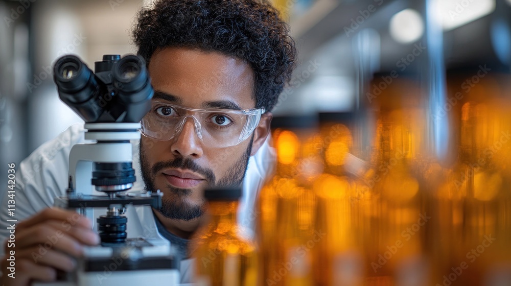 Aufkleber focused scientist using microscope in lab, amber bottles in foreground.