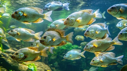 School of fish swimming in an aquarium.