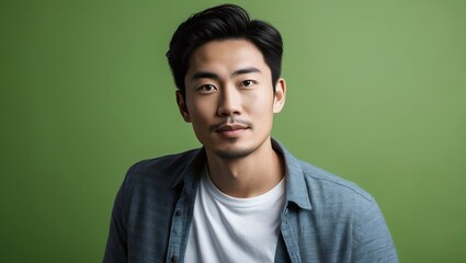 Fototapeta premium Portrait of young Asian man posing on green background