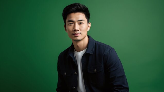 Portrait of young Asian man posing on green background - Powered by Adobe