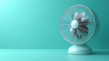 Teal desk fan on teal background.