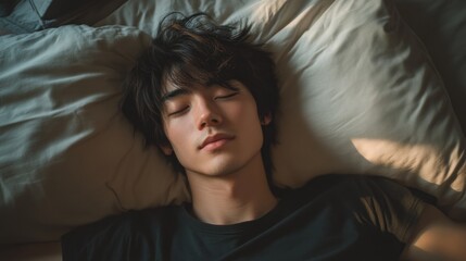 Relaxed young man sleeping peacefully in bed.