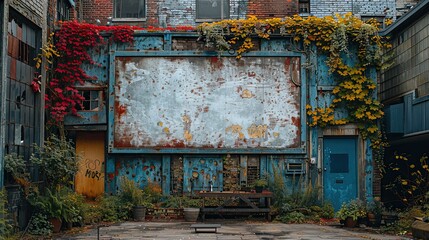 Rustic outdoor billboard surrounded by ivy and old blue walls in a serene urban corner