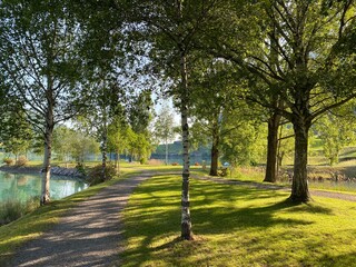 Obraz premium Islet Lungern from a bird's eye view at Lungern Lake or Lungerensee - Canton of Obwalden, Switzerland (Inseli Lungern aus der Vogelperspektive am Lungernsee - Kanton Obwald, Schweiz)